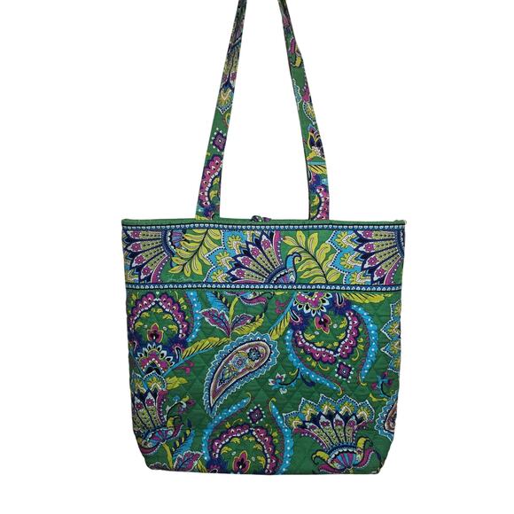 Vera Bradley Large Green Paisley Floral Quilted Tote Bag 3 Internal Pockets - Picture 2 of 5